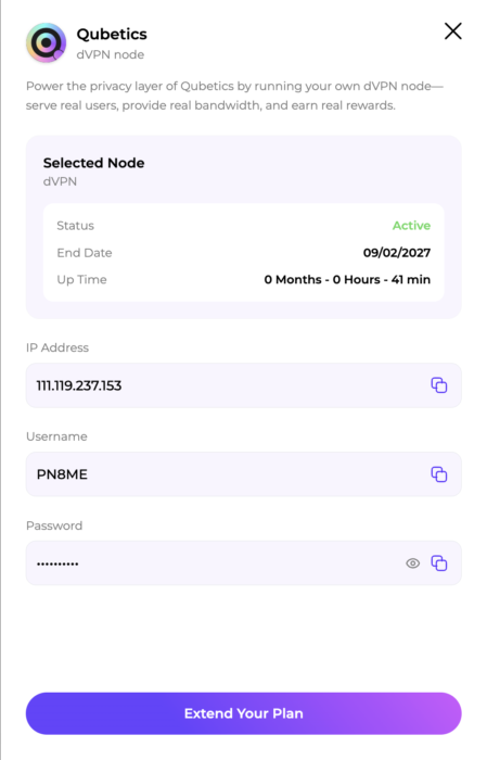 Qubetics dVPN Plan Screenshot